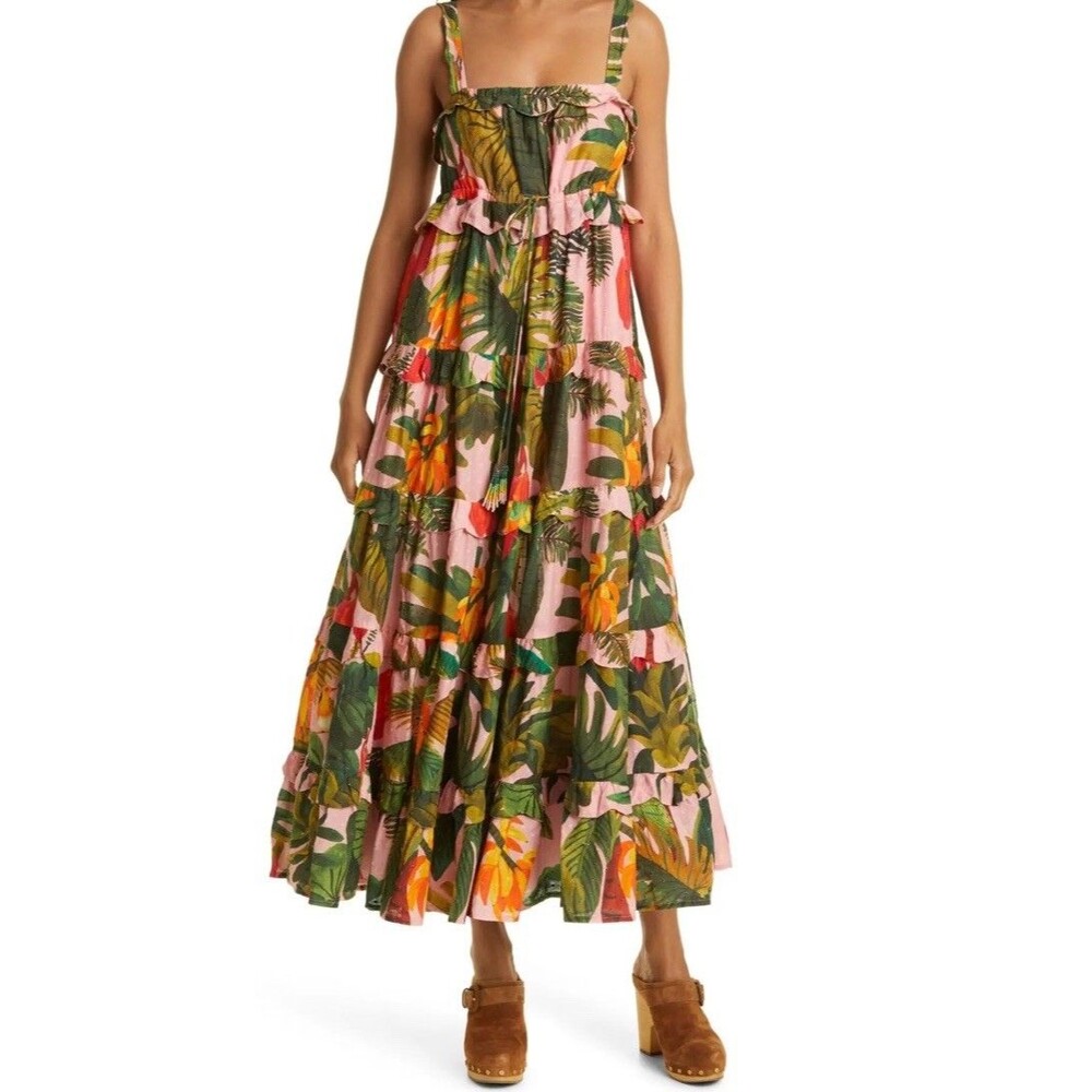 FARM Rio Pink Cocoa Forest Tiered Maxi Dress Size Large Fruits Vacation Tropical